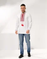 Вишиванка чоловіча Коловорот (біле домоткане полотно), червоночорна вишивка - Зображення 7