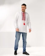Вишиванка чоловіча Коловорот (біле домоткане полотно), червоночорна вишивка - Зображення 10
