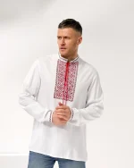 Вишиванка чоловіча Коловорот (біле домоткане полотно), червоночорна вишивка - Зображення 3