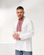 Вишиванка чоловіча Коловорот (біле домоткане полотно), червоночорна вишивка - Зображення 9