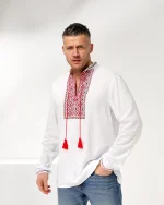 Вишиванка чоловіча Коловорот (біле домоткане полотно), червоночорна вишивка - Зображення 6