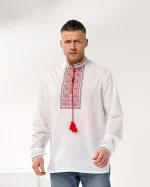 Вишиванка чоловіча "Коловорот" з сорочкової тканини, вишивка червоночорна - Зображення 4