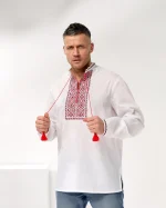 Вишиванка чоловіча "Коловорот" з сорочкової тканини, вишивка червоночорна - Зображення 9