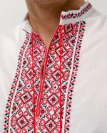 Вишиванка чоловіча Коловорот (біле домоткане полотно), червоночорна вишивка - Зображення 2