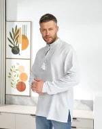 Вишиванка чоловіча, натуральне (домоткане полотно), "Миколай", біле по білому. - Зображення 5
