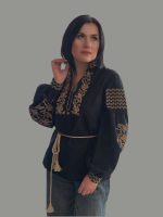 Вишиванка жіноча з чорного льону "Птахи" - Зображення 5