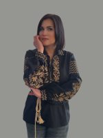 Вишиванка жіноча з чорного льону "Птахи" - Зображення 6