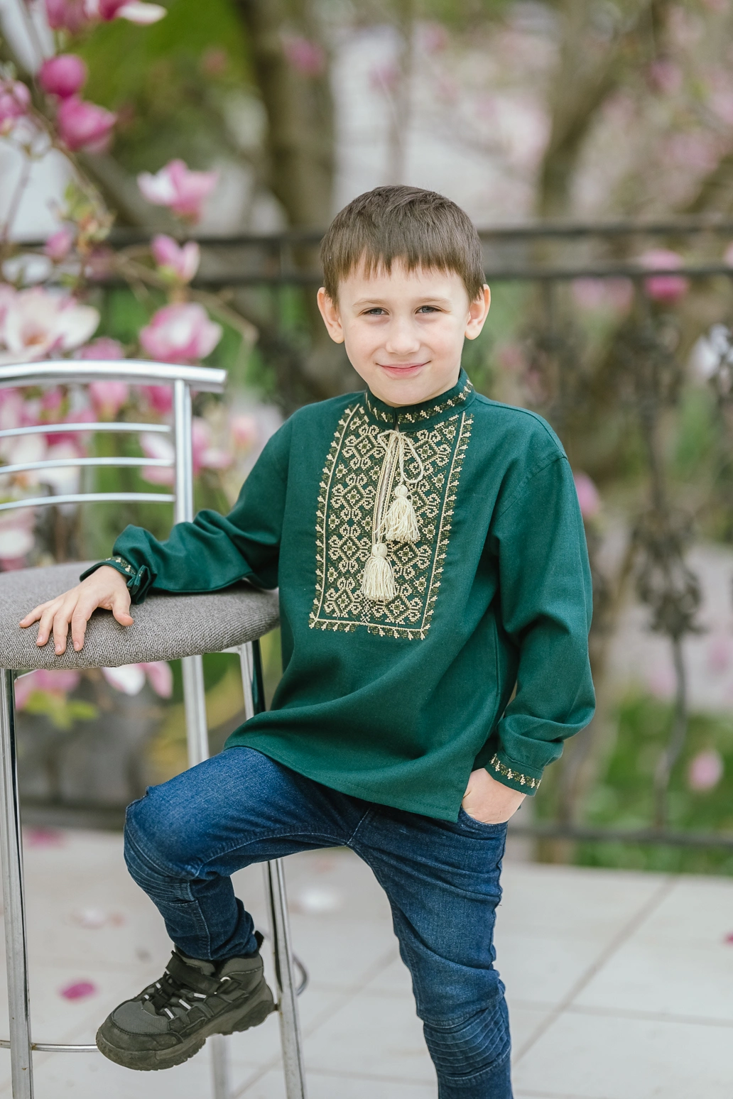 DSC_4760_результат Вишиванка для хлопчиків "Коловорот" з домотканого полотна, темно-зелений - Зображення 1