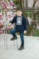 Вишиванка для хлопчиків "Коловорот" з домотканого полотна темно-синій, біла вишивка - Зображення 6