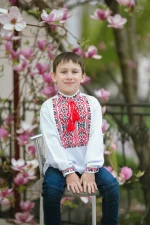 Вишиванка для хлопчиків "Миколай" з домотканого полотна, білий з червоним та чорним - Зображення 3