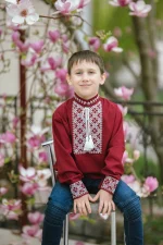 Вишиванка для хлопчиків "Станіслав" з домотканого полотна, бордо (широкий манжет) - Зображення 2