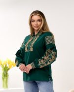 Вишиванка жіноча (зелене домоткане полотно) "Пташка Золото" відкл.комір - Зображення 8
