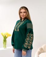 Вишиванка жіноча (зелене домоткане полотно) "Пташка Золото" відкл.комір - Зображення 11