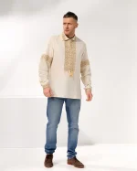 Вишиванка чоловіча "Оберіг" конопляний льон, відкладний комір, вишитий рукав (сірийзолото) - Зображення 8