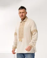 Вишиванка чоловіча "Оберіг" конопляний льон, відкладний комір, вишитий рукав (сірийзолото) - Зображення 5