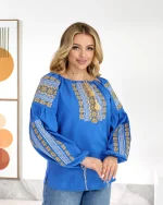 Вишиванка жіноча (домоткане полотно блакитне) "Стефанія" - Зображення 12