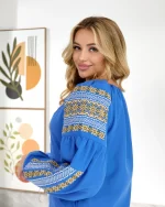 Вишиванка жіноча (домоткане полотно блакитне) "Стефанія" - Зображення 4