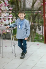 Вишиванка для хлопчиків "Коловорот" з льону меланж колір джинс, синьобіла вишивка - Зображення 5