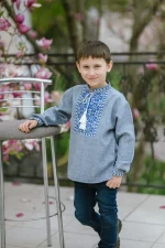 Вишиванка для хлопчиків "Коловорот" з льону меланж колір джинс, синьобіла вишивка - Зображення 6