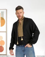 Вишиванка чоловіча, натуральне (чорне домоткане полотно), "Колос золотий" - Зображення 13
